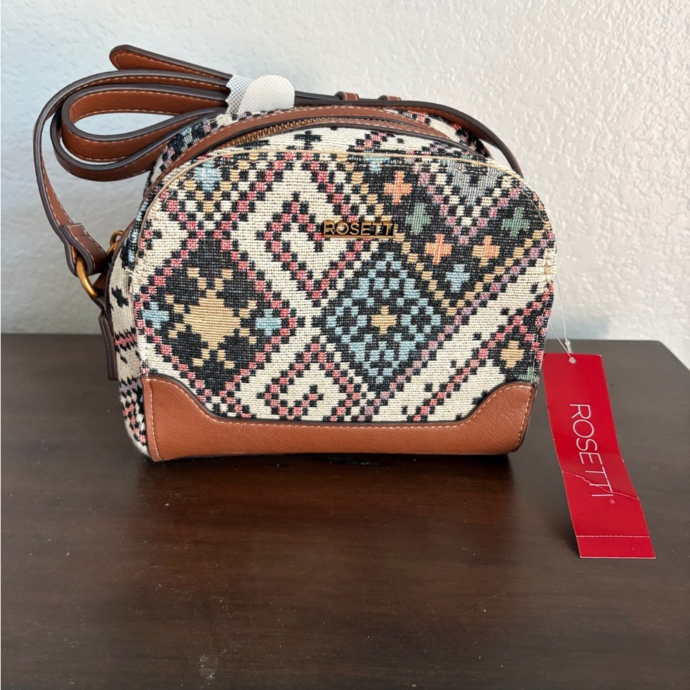 Rosetti Cream Multicolor Geometric Crossbody with Brown Trim